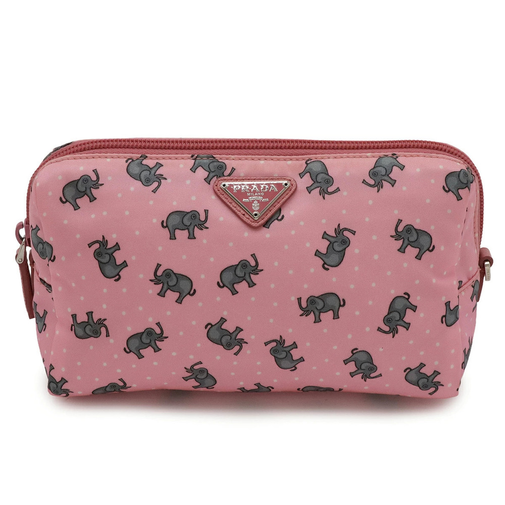 Prada Triangle Animal Elephant Polka Dot Multi Pouch Clutch Case Pink
